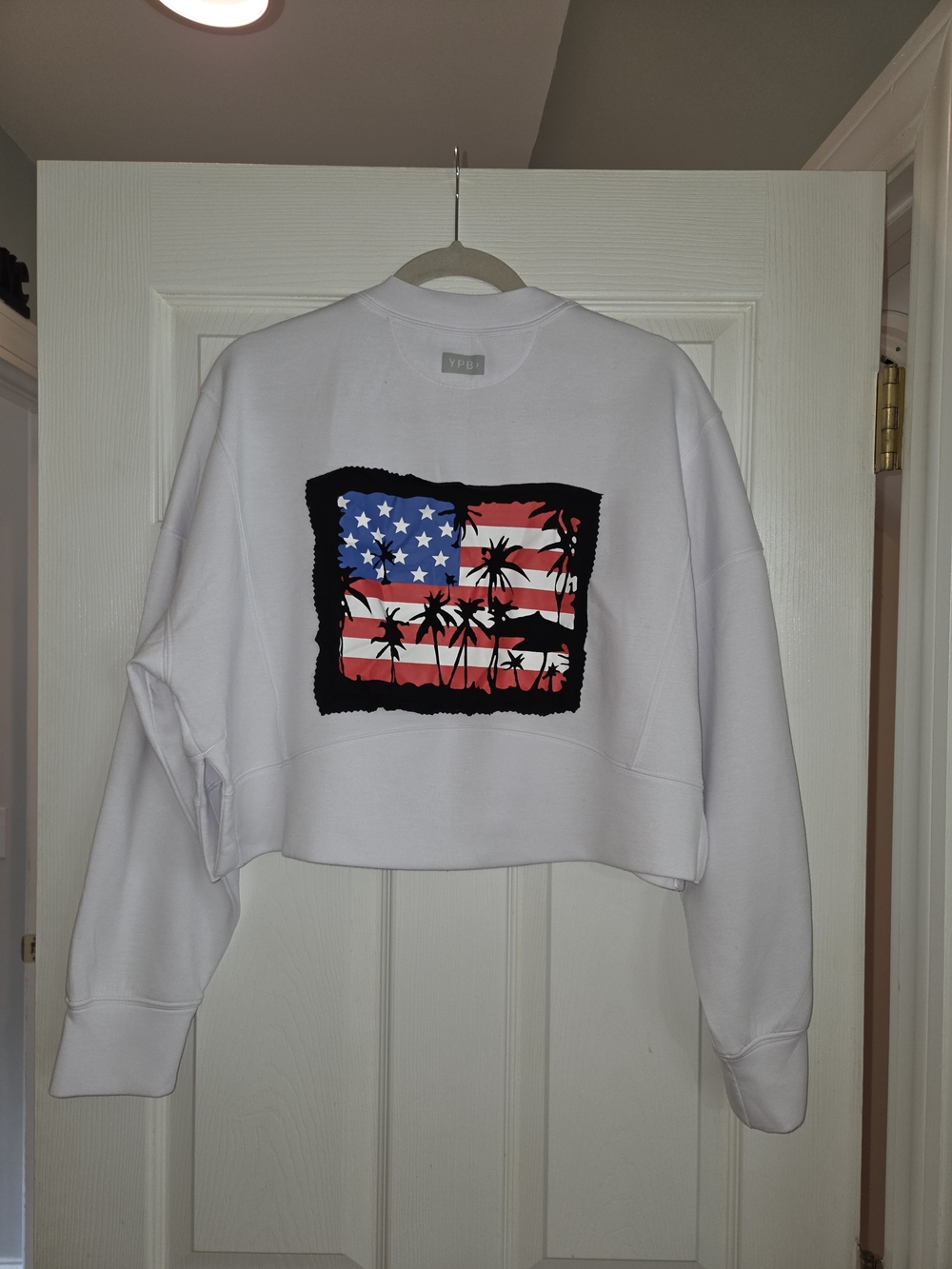 Upcycled White Cropped Graphic Sweater with Palm Flag Print